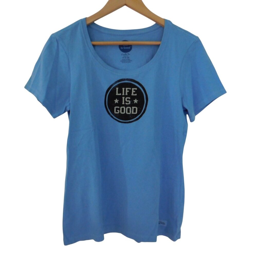 NEW Womens LIfe is Good Logo T shirt Light Blue‎ Crusher Size Small Short Sleeve